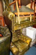 A GREEN LEATHER CHESTERFIELD TWO PIECE SUITE comprising of a three seater wingback sofa and a single