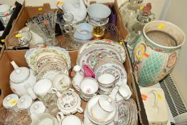 TWO BOXES AND LOOSE CERAMICS, GLASS, etc to include Wedgwood 'Hathaway Rose' teawares, Aynsley '