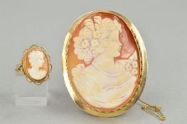 A 9CT GOLD CAMEO BROOCH AND CAMEO RING, both with oval shape cameos carved to depict a lady in