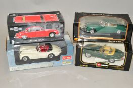 FOUR BOXED DIE-CAST JAGUAR CARS, to include Burago, Maisto etc