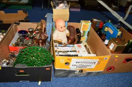 THREE BOXES OF SUNDRY ITEMS, to include metalware, DVD's, binoculars (Zenith 7x50), collectors doll,