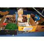 THREE BOXES OF SUNDRY ITEMS, to include metalware, DVD's, binoculars (Zenith 7x50), collectors doll,