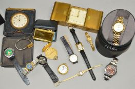 A SELECTION OF WATCHES AND TRAVEL CLOCKS to include lady's and gentleman's wrist watches, a cased