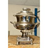 A WALKER & HALL SILVER PLATED SAMOVAR ON CLAW FEET, some wear to the plate, initialled G.M?,