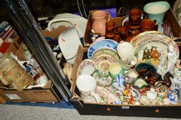 THREE BOXES AND LOOSE CERAMICS, GLASS, ETC, to include shells, Royal Doulton series ware, Ridgways