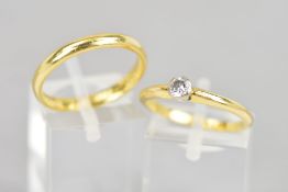 AN 18CT GOLD SINGLE STONE DIAMOND RING AND AN 18CT GOLD BAND RING, the single stone ring collet