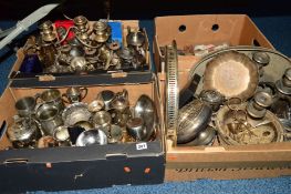 FOUR BOXES OF SILVER PLATE AND OTHER METALWARES including tea wares, boxed and loose cutlery, pewter