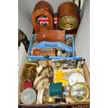 AN OAK CASED DOME TOP MANTEL CLOCK, a mahogany and inlaid clock case, a box of clocks and clock