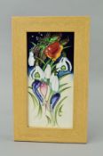 A MOORCROFT POTTERY FRAMED PLAQUE, 'Snowtime' pattern by Emma Bossons 2010, impressed marks and