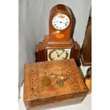 AN ART DECO STYLE MANTEL CLOCK (key and pendulum), a small inlaid clock (key) and a tunbridge ware