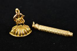 A 9CT GOLD FOB AND A PLATED RETRACTABLE PENCIL, the fob with navette shape base, knot and bead