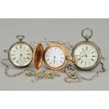 TWO LATE VICTORIAN SILVER POCKET WATCHES AND LONGUARD CHAIN, both with white dials, Roman numeral