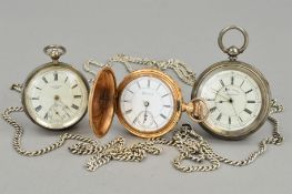 TWO LATE VICTORIAN SILVER POCKET WATCHES AND LONGUARD CHAIN, both with white dials, Roman numeral