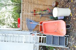 AN ALUMINIUM DOUBLE EXTENSION STEP LADDER, a small step ladder, two plastic wheel barrows, a