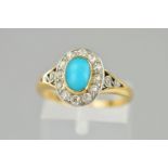 A TURQUOISE AND DIAMOND OVAL CLUSTER RING, estimated old Swiss cut weight approximately 0.35ct,