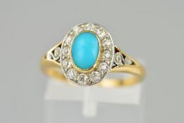 A TURQUOISE AND DIAMOND OVAL CLUSTER RING, estimated old Swiss cut weight approximately 0.35ct,