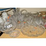 A QUANTITY OF CUT GLASS, etc, to include drinking glasses, bowls and a pair of 1953 Coronation