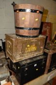 A VINTAGE WOODEN COOPERED WATER BUCKET, a metal military ammuntion crate and another metal chest (