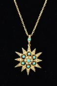 AN EARLY 20TH CENTURY GOLD TURQUOISE AND SPLIT PEARL PENDANT, the pendant of star outline with