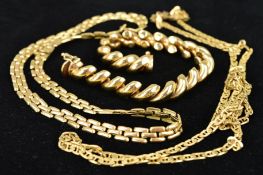 TWO 9CT GOLD CHAIN NECKLACES AND A 9CT GOLD BRACELET, the first chain necklace of a fancy curb