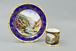 A HAMILTON DERBY MUG AND SIMILAR PLATE with painted scenes 'Dovedale, Derbyshire' by J McLoughlin,