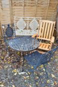 A CREAM TWO SEATER GARDEN BENCH with lattice detail to seat and back, a pine folding garden chair