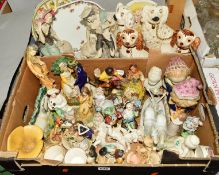 A BOX AND LOOSE ORNAMENTAL FIGURES, COLLECTORS PLATES, VASES ETC, to include two pairs seated