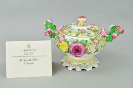 A 20TH CENTURY COALPORT 'COALBROOKDALE' TWIN HANDLED COVERED POT, floral encrusted decoration, No