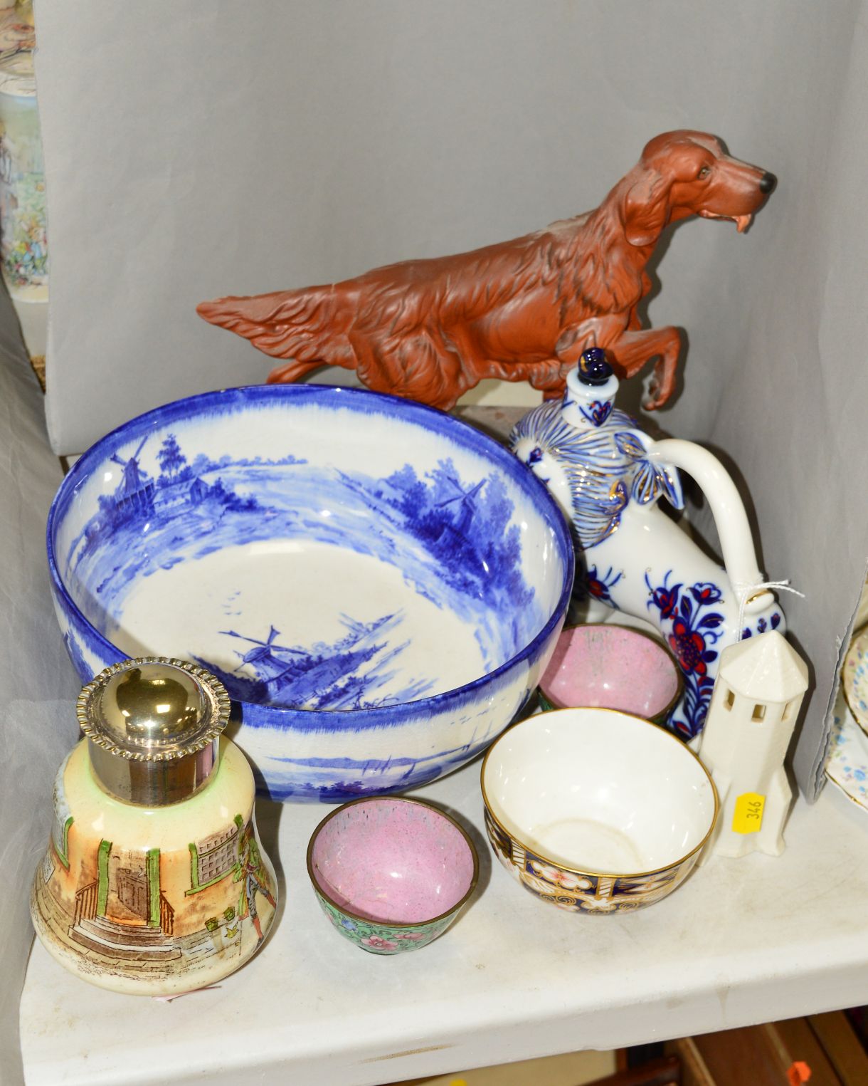A GROUP OF CERAMICS etc, to include USSR Lion shaped flask, length 16cm, approximate length 16cm,