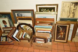 A LARGE QUANTITY OF PICTURES, MIRRORS, PHOTO FRAMES etc (three boxes and loose)