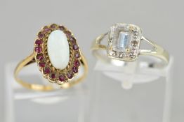 TWO GOLD GEM RINGS, the first an opal and garnet cluster ring, the central oval opal cabochon within