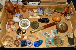 A TRAY OF SUNDRIES to include glass paperweights, Swarvoski dog, treen ornaments, W H Goss 'Samuel
