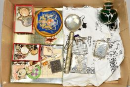 A BOX OF COSTUME JEWELLERY AND SILVER, etc, to include an Edwardian silver mounted miniature