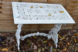 A CREAM PAINTED ALUMINIUM RECTANGULAR GARDEN TABLE with floral designs to supports