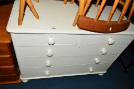 A PAINTED VICTORIAN PINE CHEST of two short and three long drawers