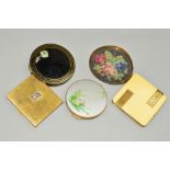 FIVE VINTAGE COMPACTS to include two circular Stratton compacts, one with embroidered floral top,