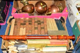 TWO BOXES OF SUNDRY ITEMS to include three copper hanging oil lamps, books, cutlery, musical