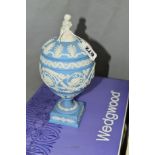 A BOXED WEDGWOOD BLUE JASPERWARE PRESTIGE COVERED URN, globular form on raised square foot, height