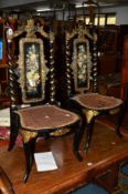 A PAIR OF VICTORIAN EBONISED AND MOTHER OF PEARL INLAID CANE SEATED HALL CHAIRS, the back with