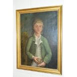 AN OIL ON CANVAS PAINTING OF A YOUNG MAN HOLDING A POCKET WATCH, unsigned, signs of repair,