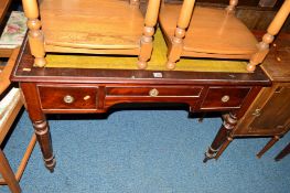 A VICTORIAN MAHOGANY WRITING TABLE with green tooled leather inlay top and three various drawers