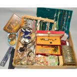 A SELECTION BOX OF COSTUME JEWELLERY to include a late Victorian silver locket, a compact, three