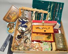 A SELECTION BOX OF COSTUME JEWELLERY to include a late Victorian silver locket, a compact, three