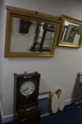TWO SIMILAR MODERN GILT FRAMED BEVELLED EDGE MIRRORS, another mirror and a triple dressing table