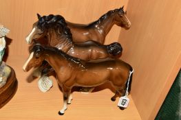 THREE BROWN BESWICK HORSES, 'Bois Roussel Racehorse' No 701, 2nd version, cantering Shire No 975 and