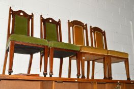 A SET OF FOUR EDWARDIAN OAK DINING CHAIRS, two similar chairs and an oak folding occasional table (