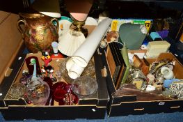THREE BOXES AND LOOSE GLASSWARES, CERAMICS, PICTURES, SUNDRIES ETC, to include Land Rover posters,