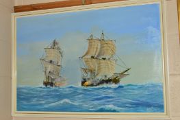 A 20TH CENTURY OIL PAINTING OF SAILING SHIPS ENGAGED IN BATTLE, signed bottom right (luny?), framed,