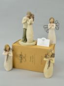 FOUR 'WILLOW TREE' FIGURES BY DEMDACO, to include boxed 'Promise' figure group, two 'Friendship' and