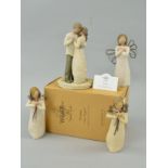 FOUR 'WILLOW TREE' FIGURES BY DEMDACO, to include boxed 'Promise' figure group, two 'Friendship' and